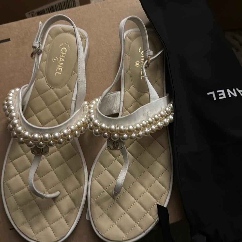 Authentic Chanel thong sandals with pearls